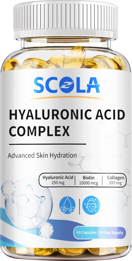 Capsule Acido Ialuronico SCOLA - 250 mg HA + 10.000 mcg Biotina, 60 capsule Vegan | Idratazione Profonda, Hair & Nail Support | Formula Non OGM