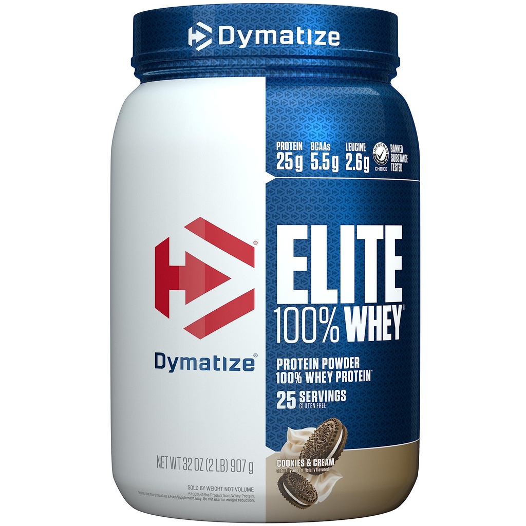 Dymatize Elite 100% Whey Protein Powder, Cookies & Cream, 25g di proteine, 5.5g BCAAs, Meno di 140 Cal., Gluten Free, 3g Carb, 2g Sugar, 3g (25 Fat Servings)