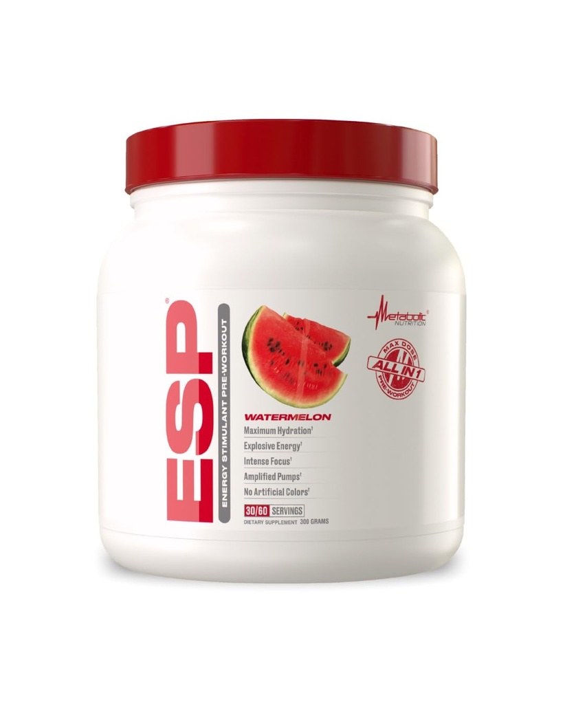 Nutrizione metabolica - ESP - Stimolante Pre Workout, Pre Intra Supplemento allenamento, Energy & Endurance Stimolante, Natural, Safe & Mental Focus, Watermelon 300 Grams (90 Serve)