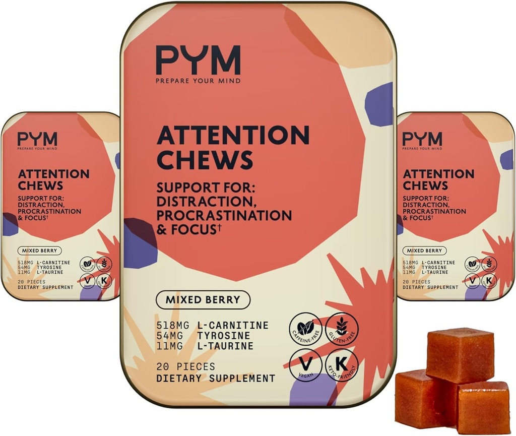 PYM Attenzione chews supporto per la procrastinazione, messa a fuoco e produttività, 60 conte | 518mg L-carnitina, 54 mg di tirosina, 11mg L-Taurine - Caffeina-Free | All-Natural Mood Boost supplemento Made in USA