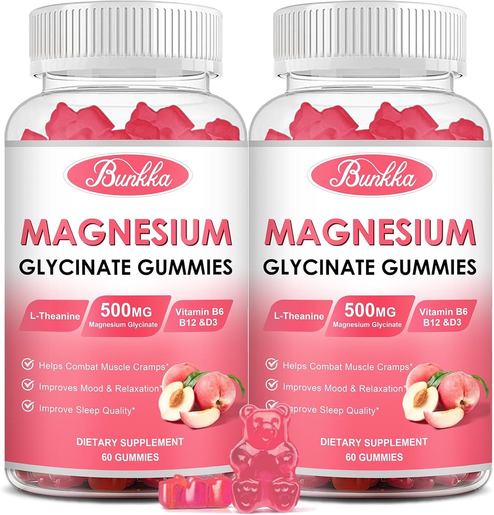 (2 Confezione) Magnesio Glycinate Gummies-Magnesium Glycinate 500mg, Magnesium Complex Supplement with Potassium, VitaminD, B6 for Calm, Sleep&Stress Relief-Sugar Free, 120 Peach Magnesium Gummies