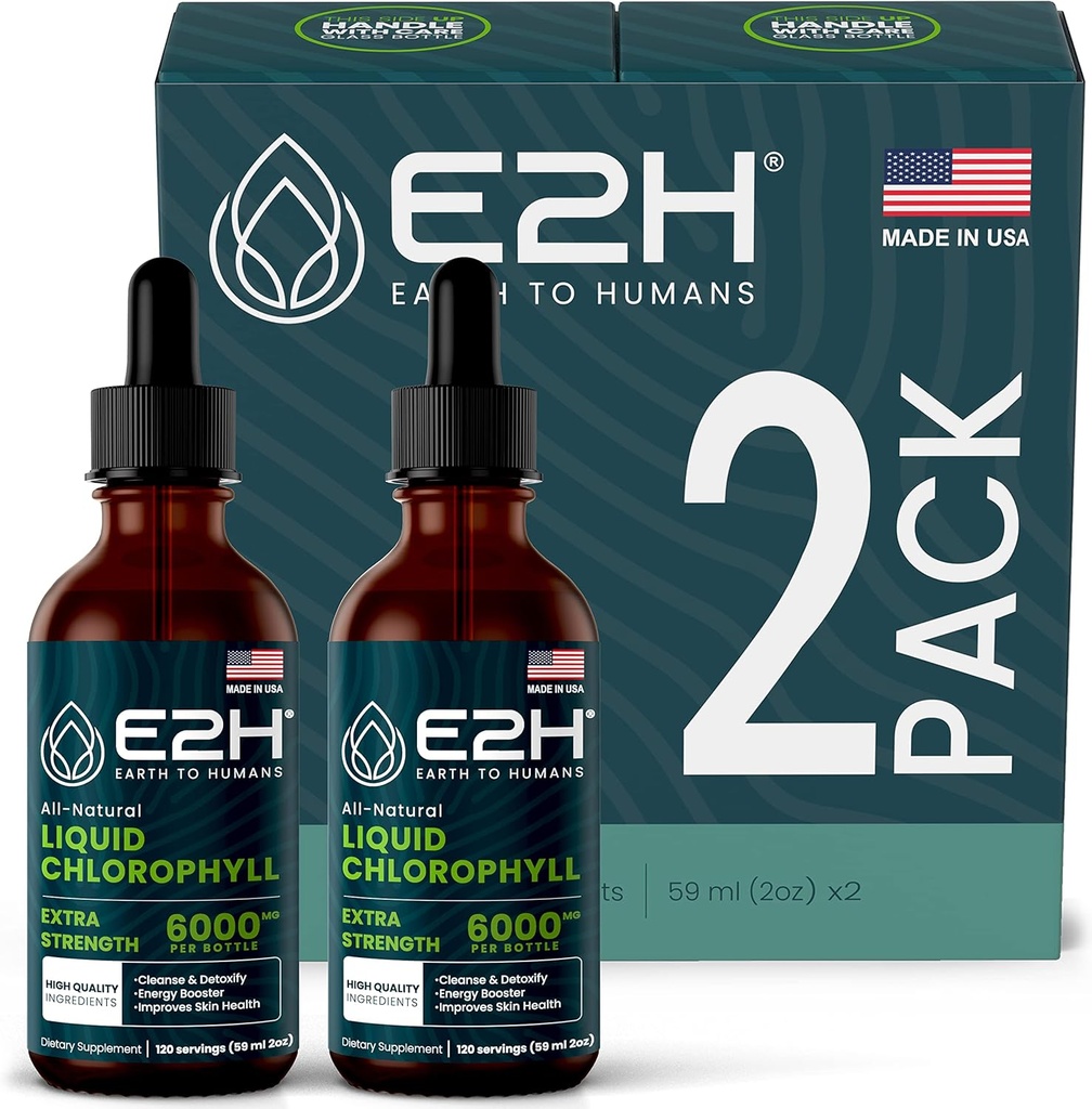 E2H Chlorophyll Liquid Drops - Energy Booster, Digestione, Supporto del sistema immunitario e Deodorante interno - Vegan - Gluten Free - Non-GMO - (2 Bottiglie)