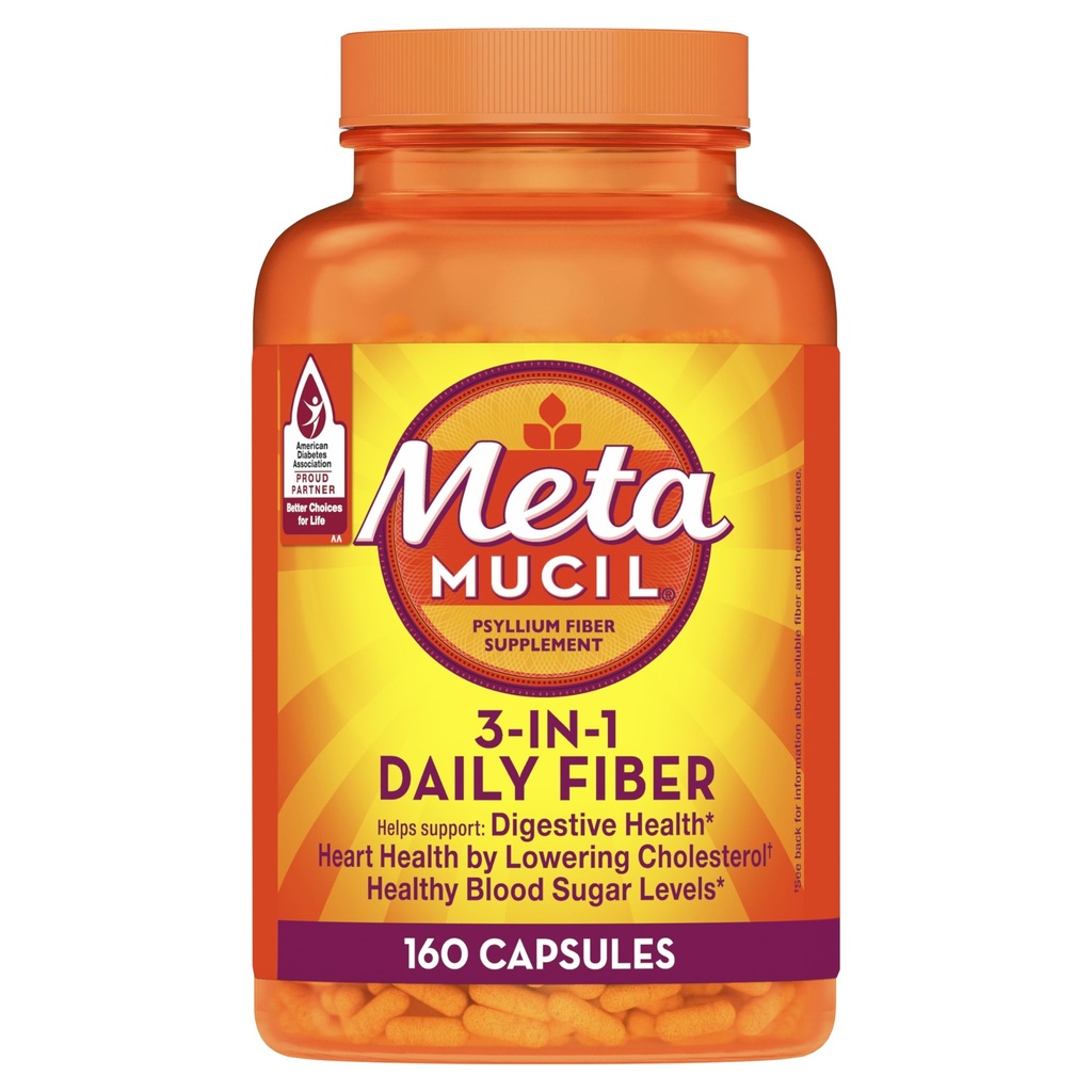 Metamucil Psyllium Husk Fiber Supplement, 3-in-1 per la salute digestiva, Plant Based, 160 Count, Confezione da 2