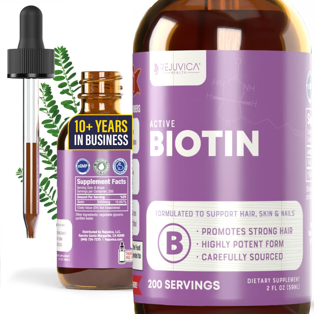 Rejuvica Health Active Biotin - Supplemento avanzato di biotina liquida - 5000mcg Support Hair Skin & Nails