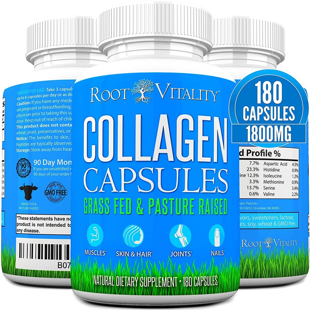 Vitamina Vitality Collagen Peptides Capsule - Grass-Fed, Pasture-Raised Hydrolyzed Protein Supplemento per Pelle, Capelli, & Unghie - Non OGM, Zero Sugar Daily Pills for Men & Women (180 Capsules)