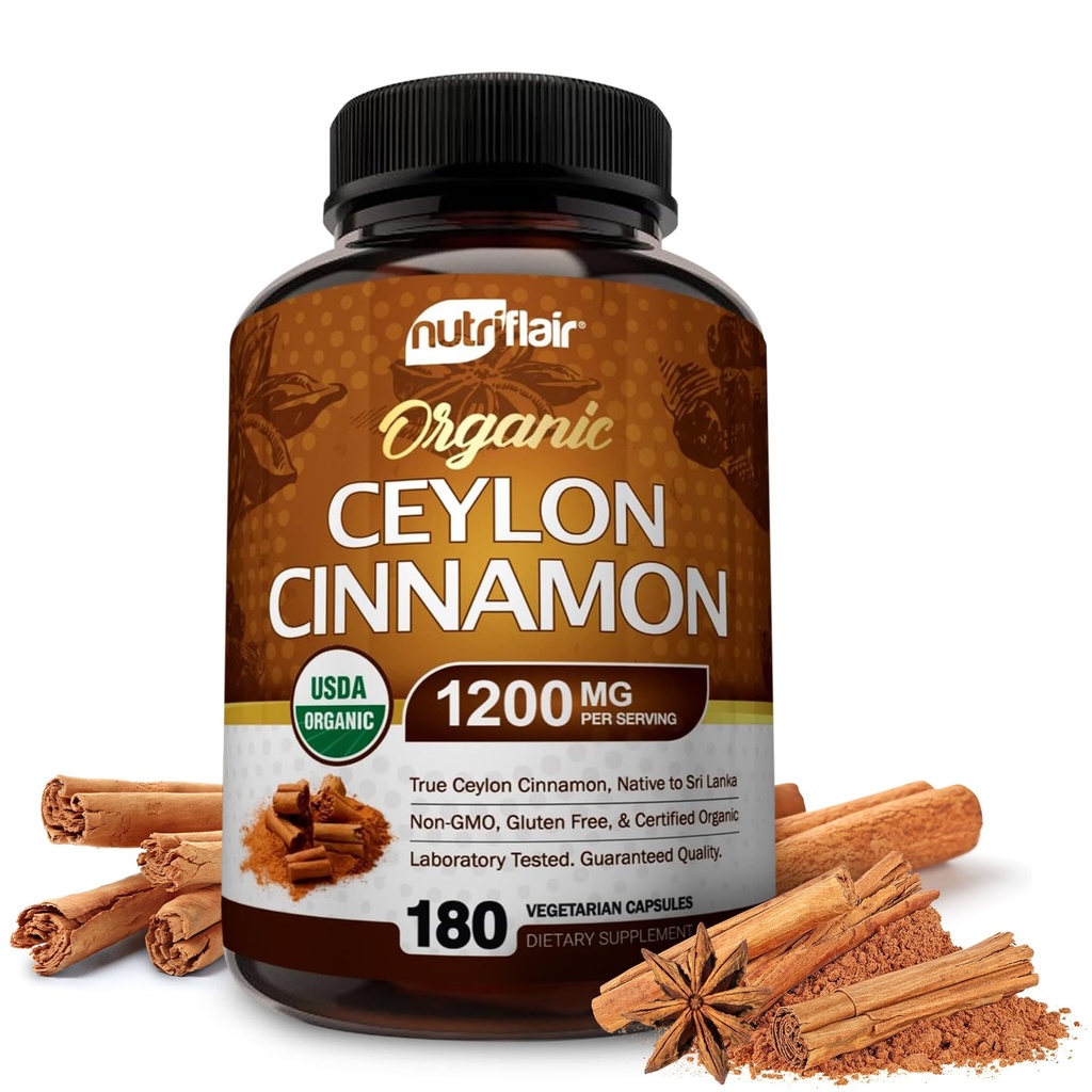NutriFlair Organic Ceylon Cinnamon (100% Certificata Organic Ceylon Cinnamon) 1200mg per Serving, 180 Capsule - Giunti, Inflammatorio, Antiossidante