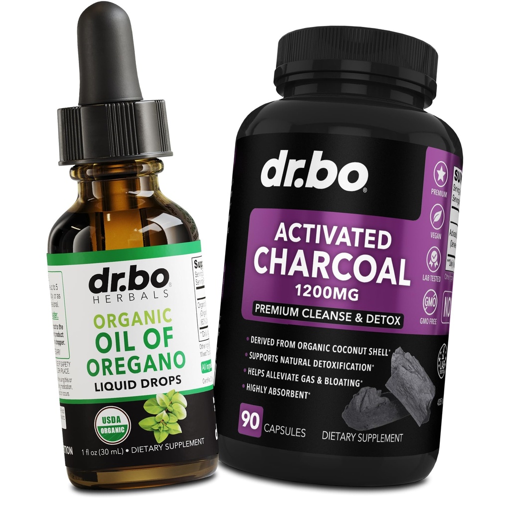 Olio di origano Gocce liquide organiche & capsule di carbone - Olio di origano Gocce di tintura e pillole di carbone per la pulizia di gas di Stomach Supporto immunitario di Detox, Binder digestivo - Organico