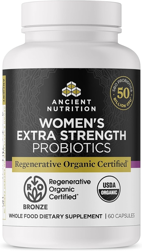 Antichi Probiotici certificati biologici rigenerativi per le donne, Probiotici Donna Extra Forza, Digestione sana e Sistema Immune Funzione Supporto, 25 miliardi CFU* Per Serving, 60 Conte