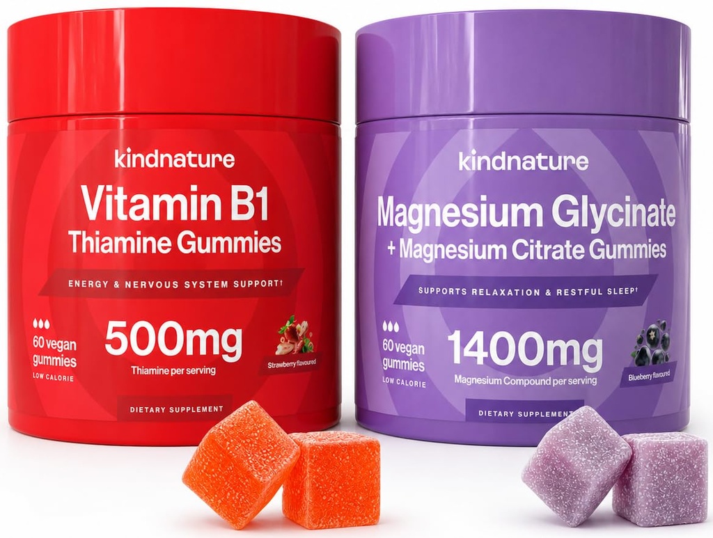KINDNATURE Power Duo: Magnesio & Vitamina B1 Gummies Bundle – Miglioramento dell'energia & Nerve Support, Delicious & Chewable