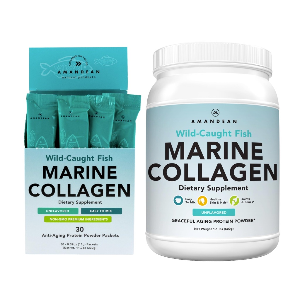AMANDEAN Marine Collagen Duo. 500g Contenitore + 30 pacchetti di viaggio. Peptidi di collagene di pesce idrolizzati per pelle, capelli e unghie. Pescatarian, Keto & Paleo-Friendly, Unflavored