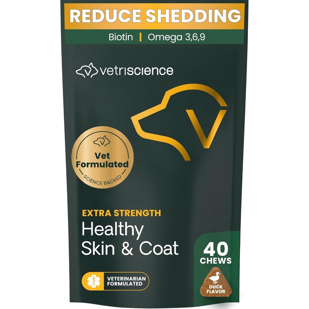 VetriScience Extra Forza Cuscinetti sani, Omega Plus Supplemento per cani, con Omega bilanciato 3, 6, 9, olio di pesce e biotina, salute della pelle, la crescita del cappotto e lucentezza, Duck, 40 conte