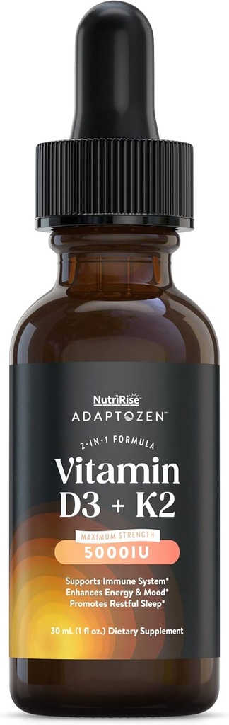 NutriRise Vitamina D3 K2 Drops 5000 IU: Vitamine di Immunità, Supporto per l'energia, Benessere & Joint Comfort, Vegetariano, Facile da prendere Formula liquida per gli uomini e le donne + MCT olio, senza glutine, 1 fl oz