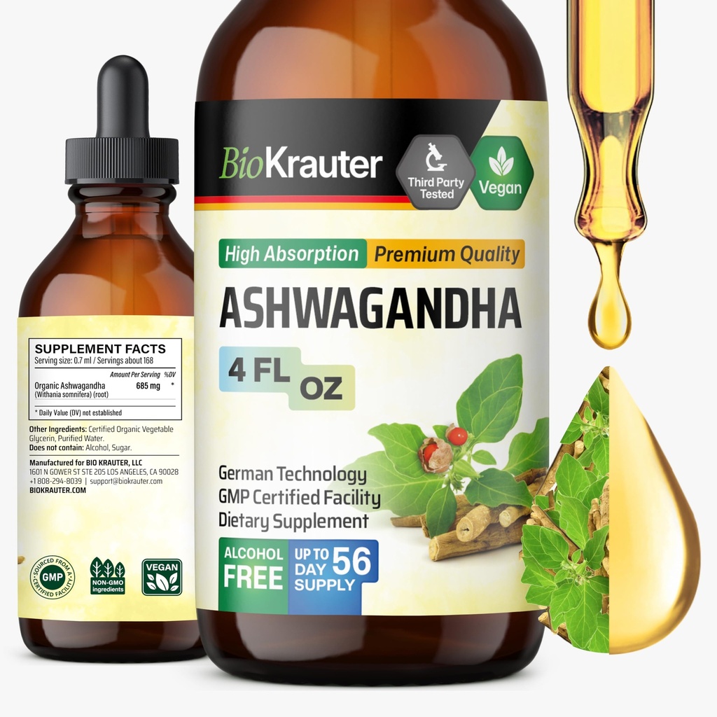 BIO KRAUTER Ashwagandha Liquid Drops - Ashwagandha Supplementi per la calma - Vegan Mood Support Drops - Alcol & Sugar Free - 4 Fl.Oz.