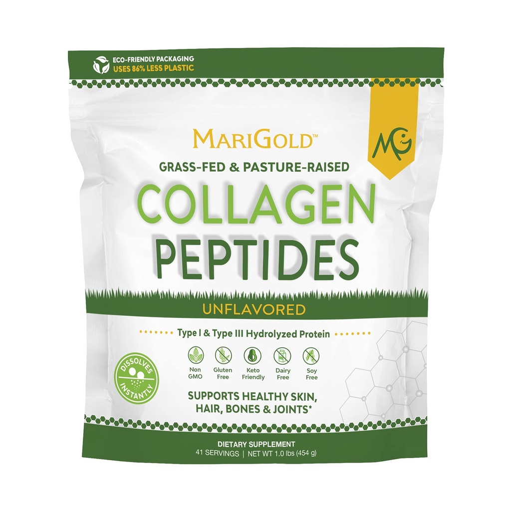 Peptidi di collagene di erba di MariGold polvere non aromaed 1LB - 100% puro, Tipo I & III Collage idrolizzato Bovine, Non OGM, Ormone-Gluten-Dairy Free, Keto-Friendly, Facile da miscelare