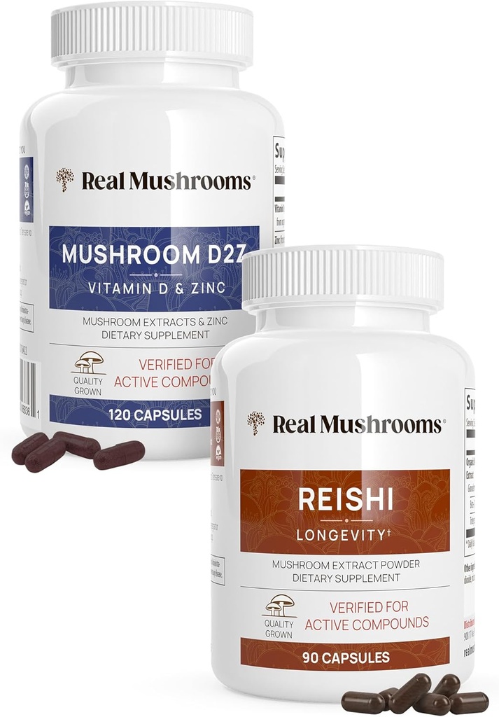 Funghi reali Vitamina D2, Zinco (120ct) e Reishi 415 (90ct) Bundle con Chaga - Supporto naturale per l'immunità, il sonno migliore e il relax - Vegan, senza glutine, non OGM, estratti di funghi biologici