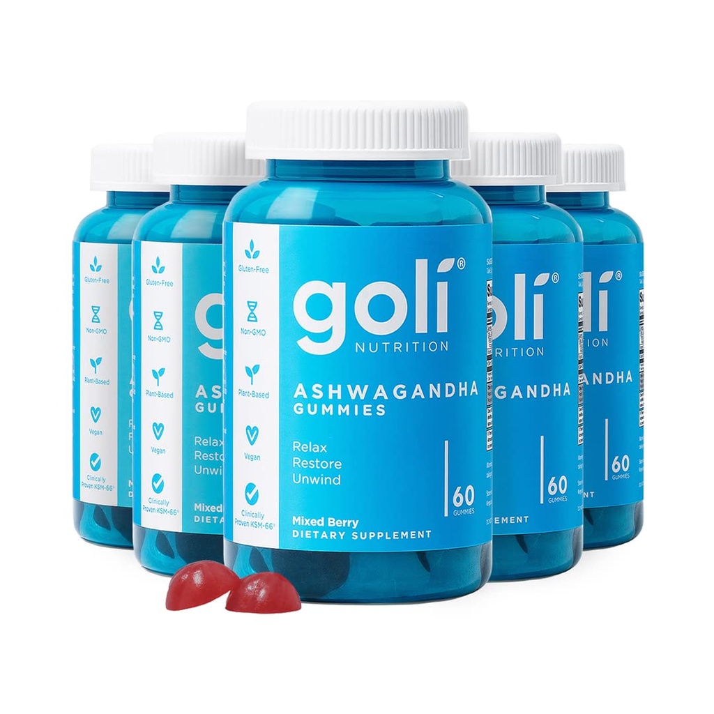 Goli Ashwagandha & Vitamina D Gummy - 300 Conte - Bacche miste, KSM-66, Vegan, Basato sulle piante, Non OGM, Gluten-Free & Gelatin Free Relax. Ripristino. Rilassati, Confezione da 5