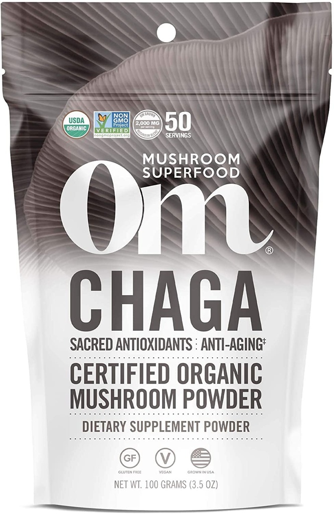 Om Mushroom Superfood Chaga Organic Mushroom Powder, 3.5 Ounce, 50 Serve, US Cresciuto, Sacra Antiossidanti e supporto immunitario, Superfood Mushroom Supplement