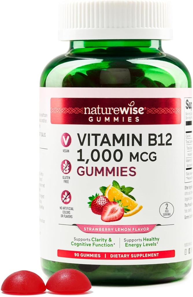 NatureWise Vitamina B12 Gummies per Adulti, 1000 mcg - Fragola Limone Flavor - Supporta energia quotidiana, Clarity mentale, Funzione cognitiva - Vegan, Senza glutine, Non OGM - 90 Conte[45-Day Supply]