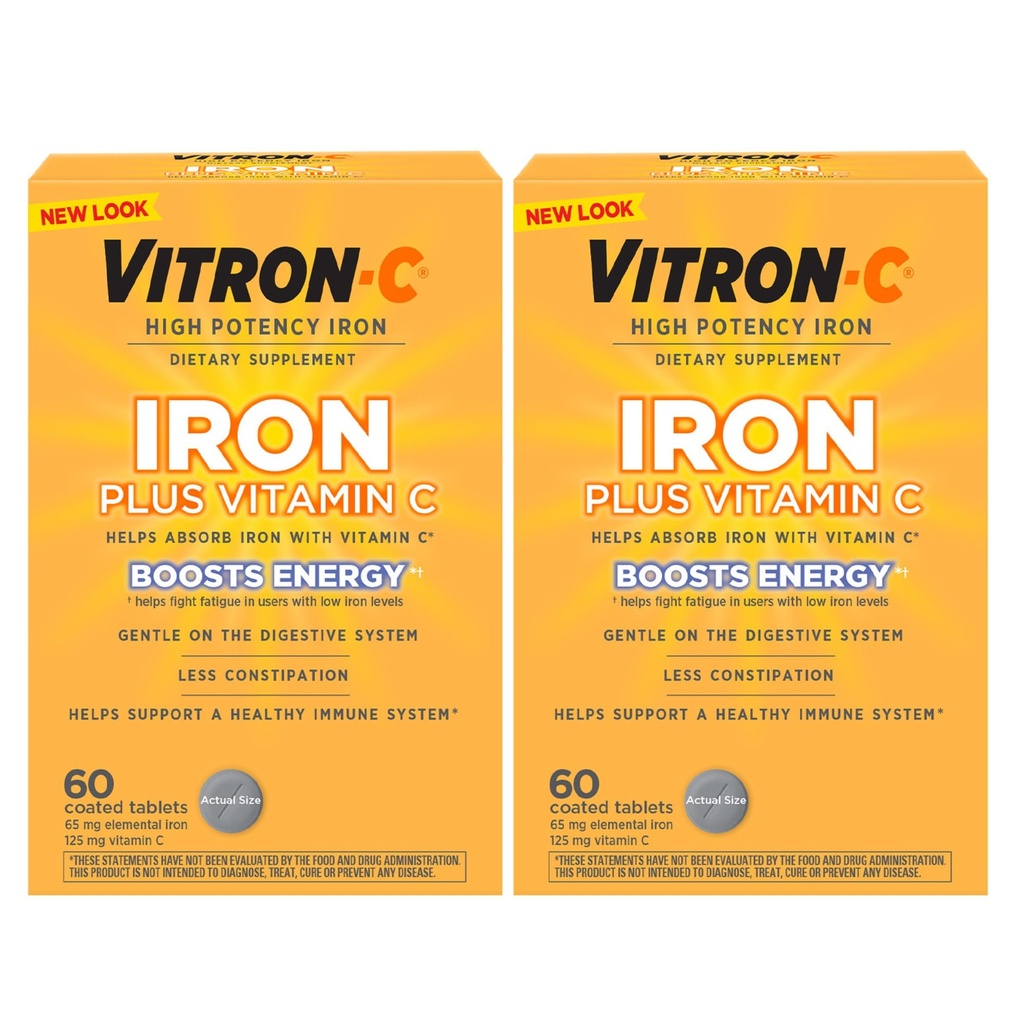 Vitron-C Ferro Supplemento, Una volta Quotidiano, Ferro ad alta potenza Plus Vitamina C, Supporta la produzione di globuli rossi, Dye Compresse gratuite, 60 Conte, 2 Pack