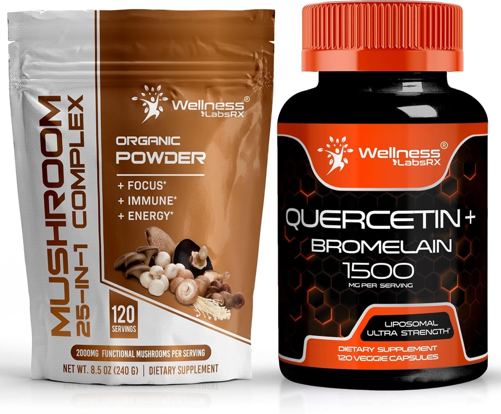 WELLNESS LABSRX Mushroom Powder 2000mg - Quercetin con supplemento di bromelaina - 1500mg