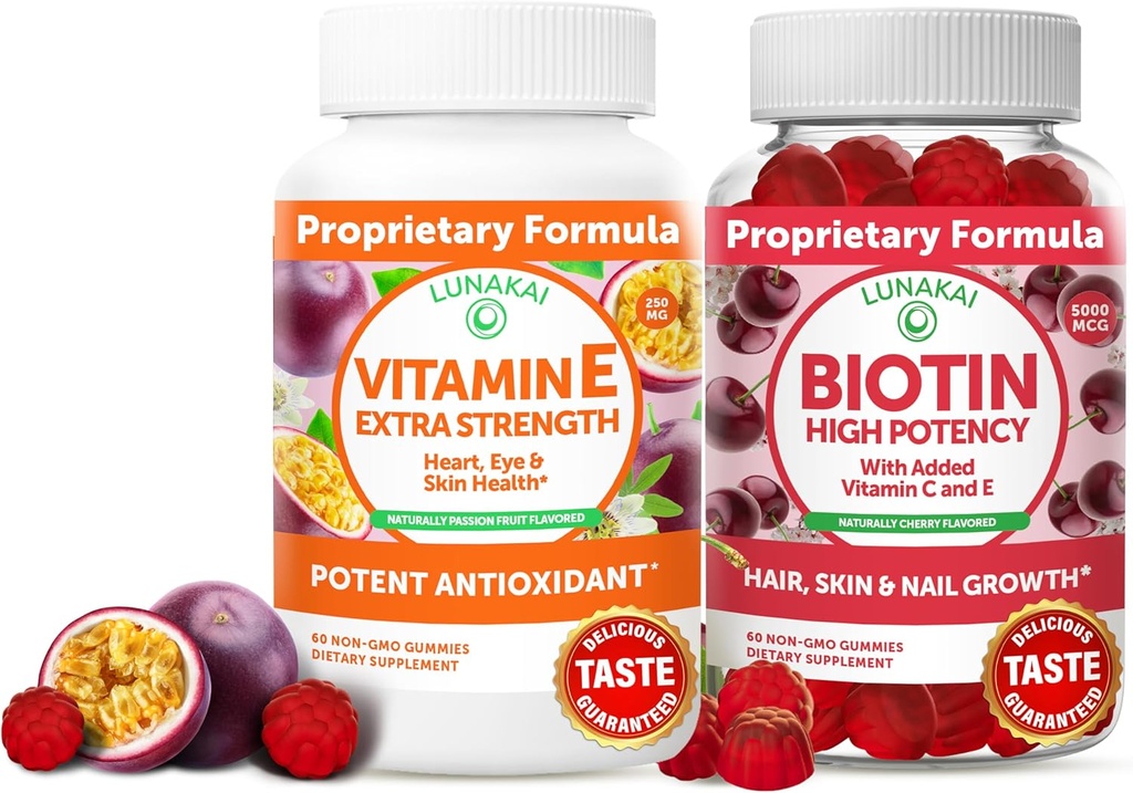 Lunakai Vitamina E e Biotin Gummies Bundle - 3000 mcg Gummies per Adulti Energy Support and Bone Health - Vitamine per capelli, pelle e giovanile Aspetto