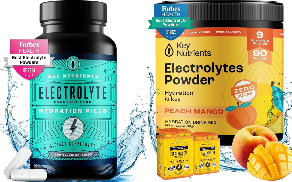 KEY NUTRIENTs Hydration & Energy Electrolyte Bundle – Compresse elettrolitiche & Tropicali Peach Mango Multivitamin Powder, senza zucchero