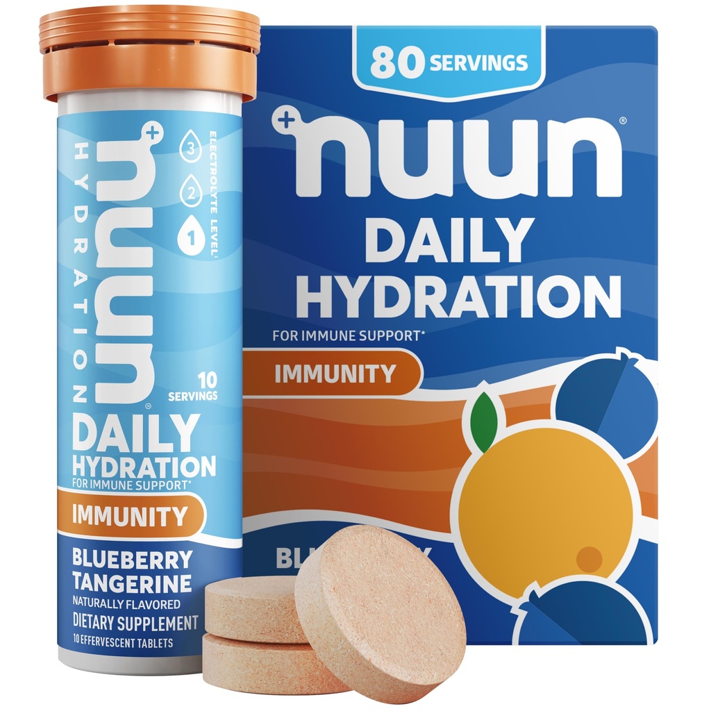 Immunità Nuun Electrolyte Tablets con vitamina D, C, E, & A, Ginger, Elderberry, Magnesio & 4 Altri elettroliti essenziali, Vegan, Blueberry Tangerine, 8 Pack (80 Serve Totale)