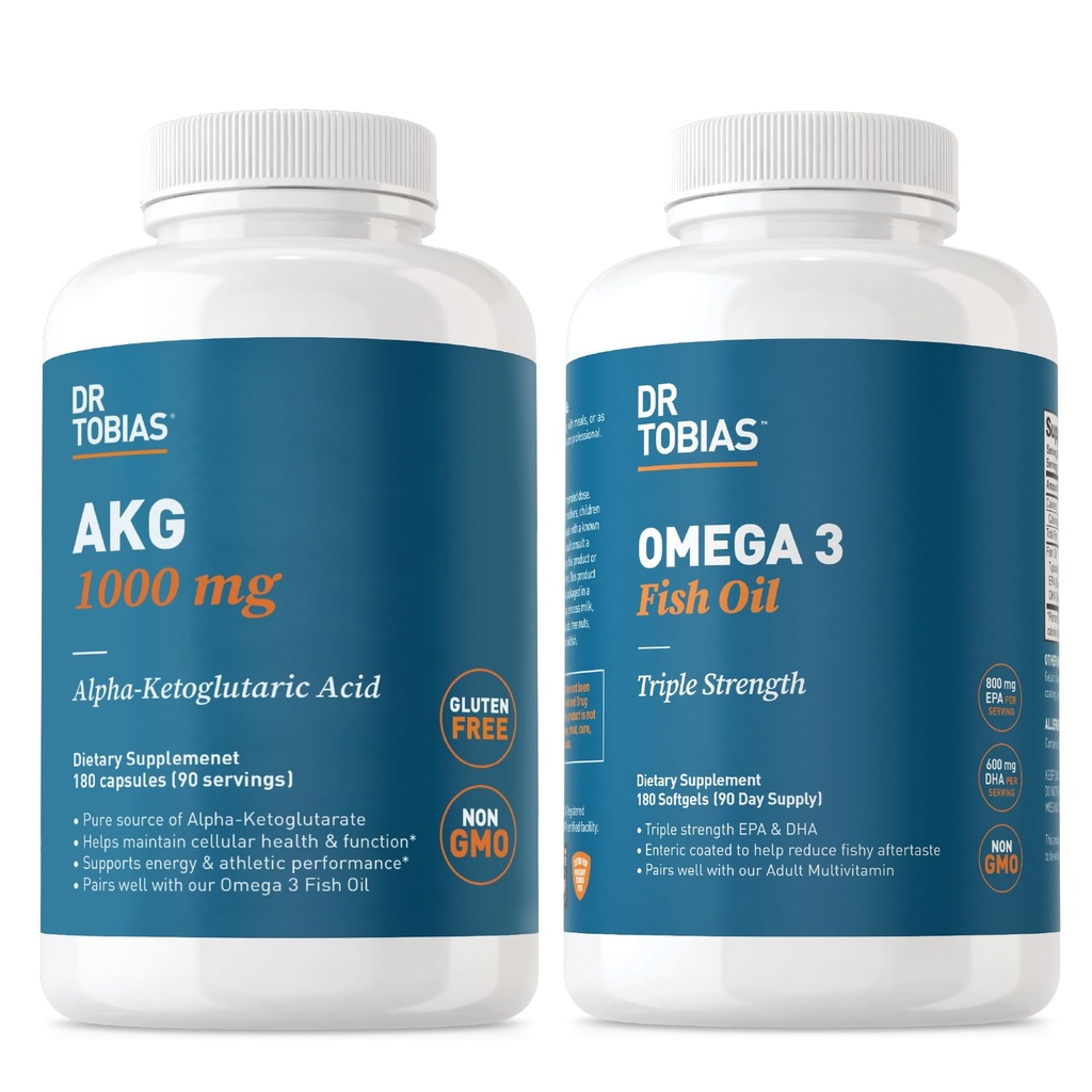 Dr. Tobias AKG Supplement & Omega 3 Fish Oil, Supporta l'energia cellulare e la salute generale con AKG e Triple-Strength Omega 3 EPA & DHA, Non OGM