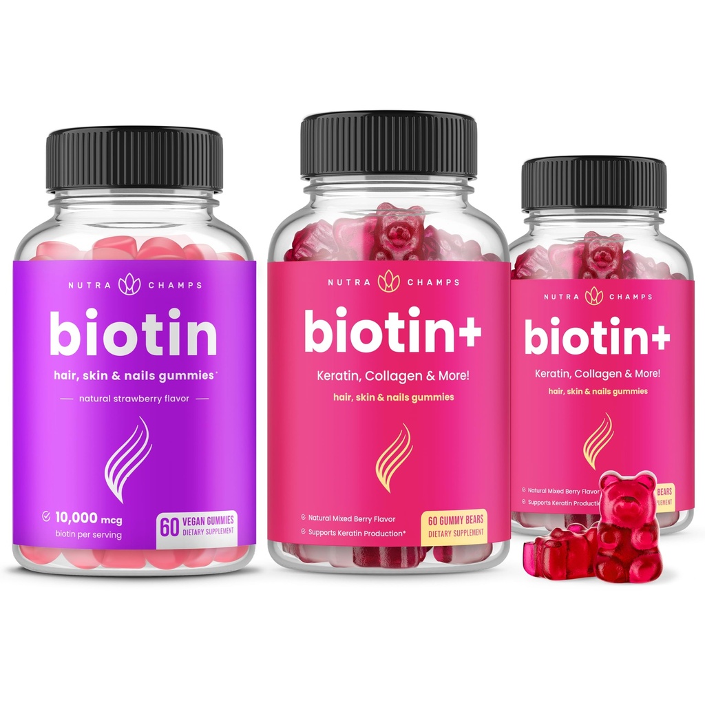NutraChamps Bundle Biotin completo per capelli, pelle e unghie. Biotina e biotina+