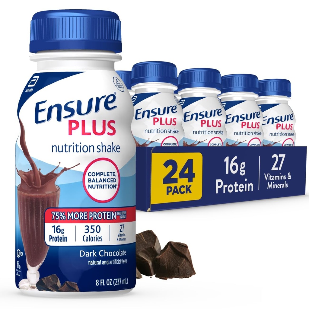 Assicurare Plus Dark Chocolate Nutrition Shake | Meal Sostituzione Shake | Pronto a Bere | 16g Protein e 27 Vitamine e Minerali | 8 fl oz - 24 Pack