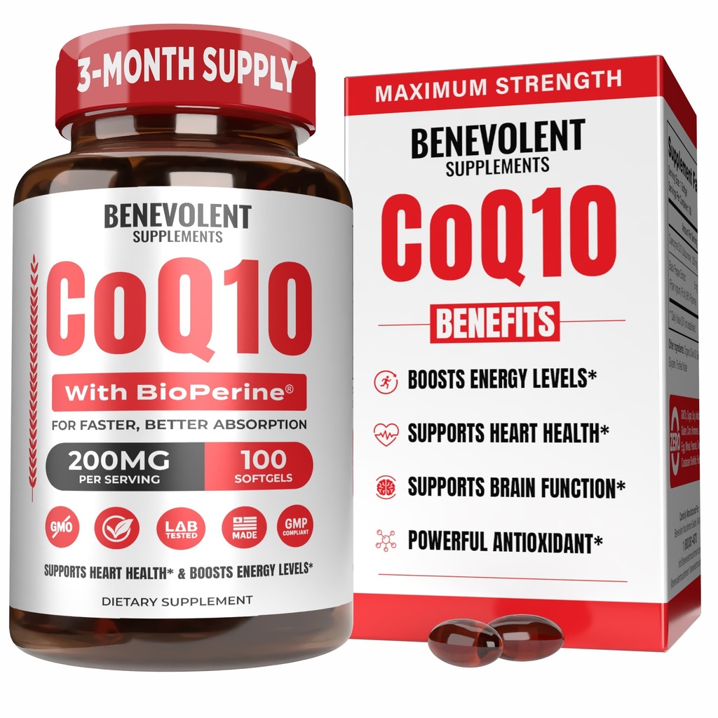 Benevolent Pure CoQ10 200mg Softgels con BioPerine® per Max Absorption, Ubiquinone Coenzyme Q10 Supplemento per la salute del cuore, la produzione di energia, l'invecchiamento sano e il supporto antiossidante, 100 Softgels