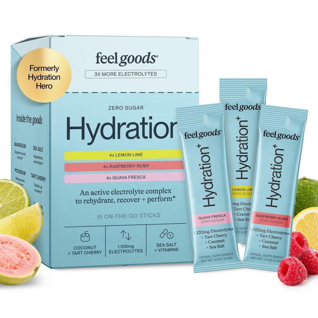 Feel Goods Hydration Hero, Variety Pack, 1000mg Electrolytes Powder, Sugar Free, Magnesium, Organic Aloe Vera, L Theanine, Vitamina C, Vegan, Non OGM, On The Go Electrolyte Packets, 12 Count
