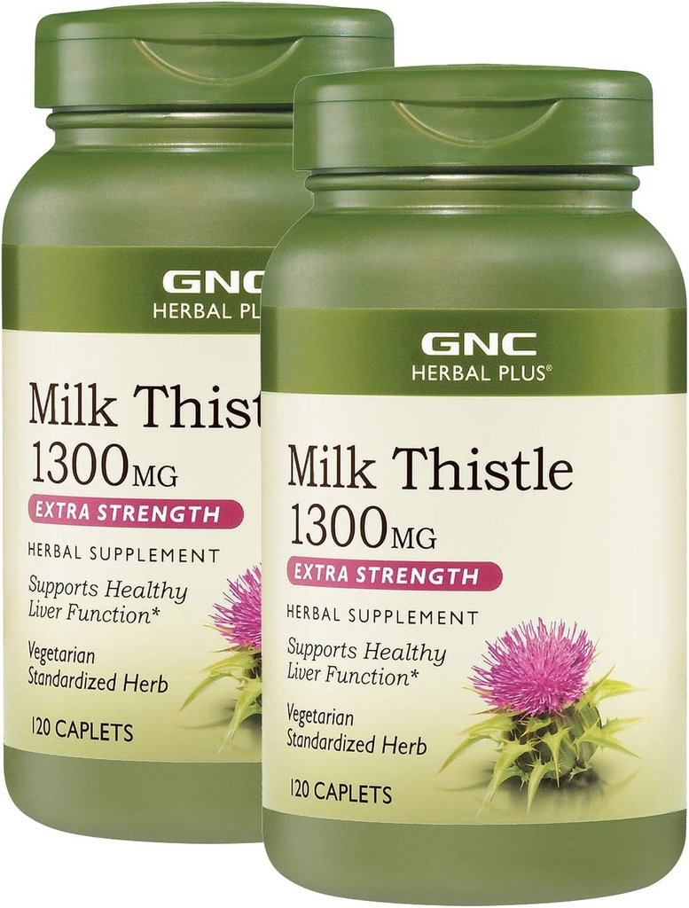 GNC Herbal Plus Latte Thistle 1300mg, Twin Pack, 120 Caplets per bottiglia, Supporta la funzione di fegato sano