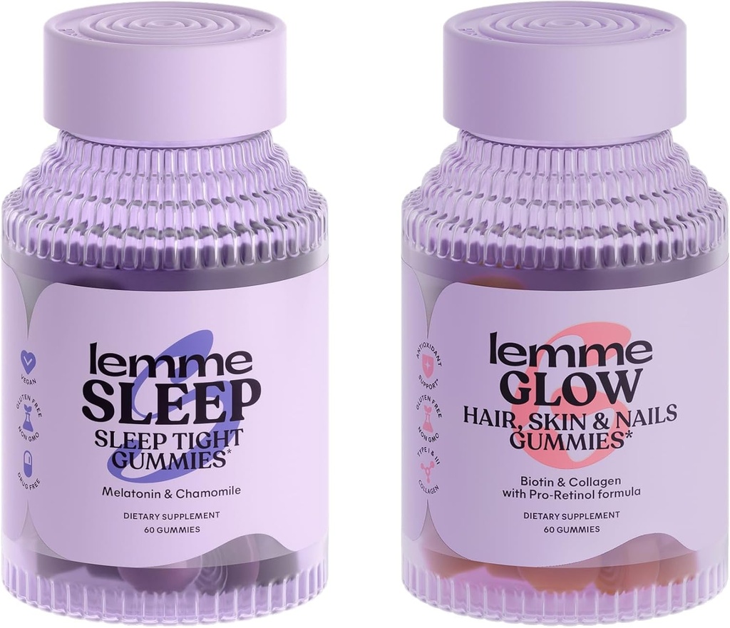Lemme Sleep & Glow Bundle - Sleep Gummies, un Drug-Free Nighttime Aid & Glow Biotin & Collagen Hair Gummies for Strong, Thick Hair & Ridotto Shedding - Gluten/Gelatin Free, Non-GMO - 60 Ct.