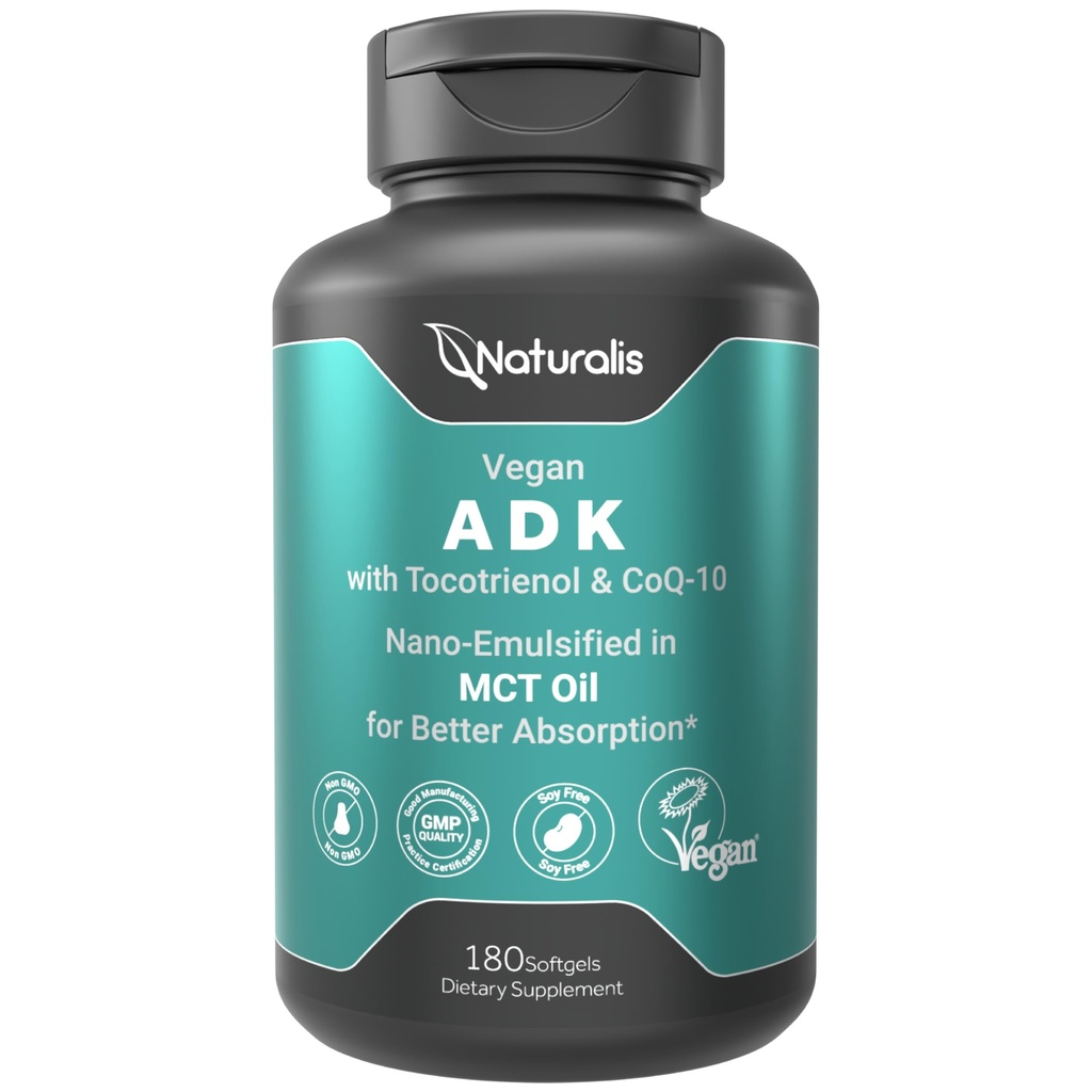 Naturalis Vegan Vitamin ADK con 50 mg Tocotrienol e CoQ-10 | Nano-emulsionato in EVOO per una migliore assorbimento | Non OGM, Soy Free and Vegan Society Certified | 180 Veggie Softgels (Carrageenan Free)