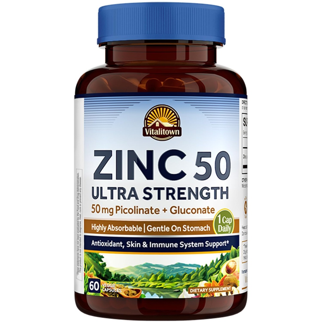 Vitalitown Chelated Zinc 50 mg, Zinc Picolinate & Gluconate, 60 Veggie Capsule, Ben assorbito, Immune System, Healthy Skin & Development, Vegan, NO Gluten, Non OGM