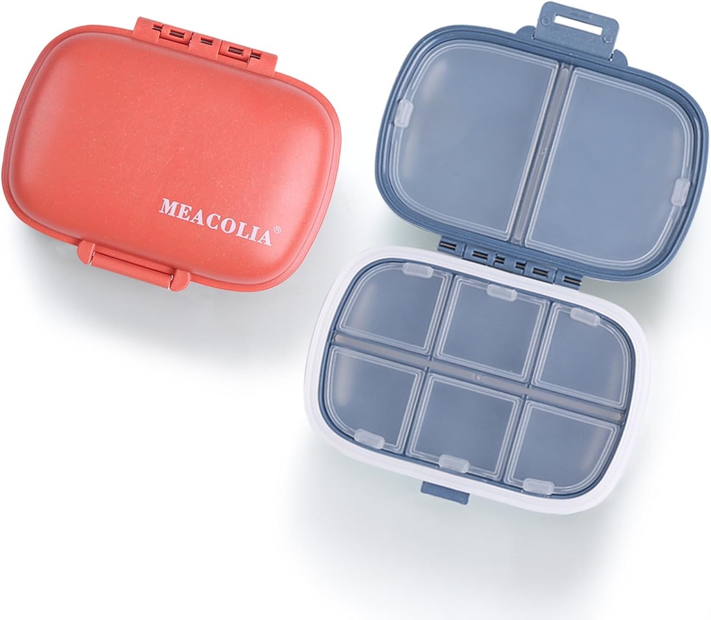 MEACOLIA 2 Pack 8 scomparti Organizzatore di viaggio Pillole Box Moisture Proof Piccolo caso di pillole per Pocket Purse Daily Pill Holder Container per la Vitamina di Medicina (Dark Blue & Red)