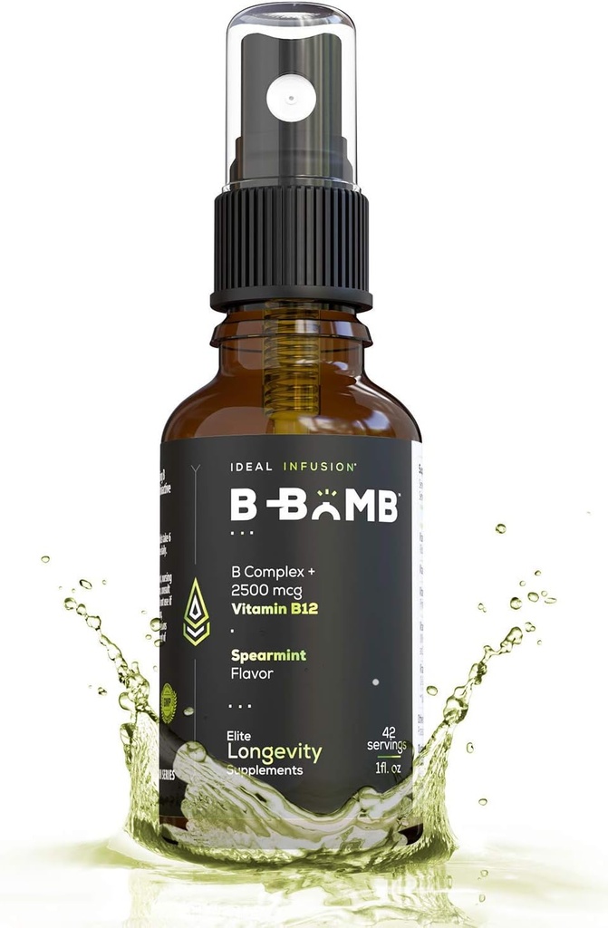 B-Bomb Vitamin B12 + B Complex Liquid Spray: Methylcobalamin con Adenosylcobalamin: Energy & Mood Support, Sugar-Free, Vegan, Organic Spearmint Flavor