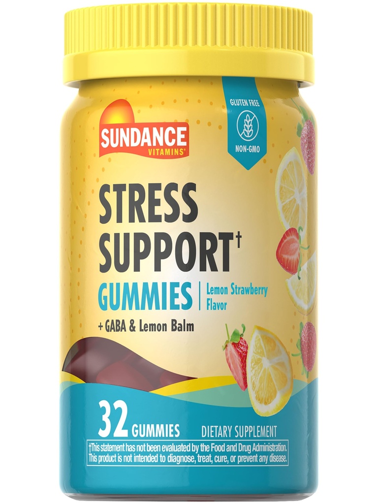 Sundance Stress Support Gummiess | 32 Count | con GABA e Lemon Balm | Lemon Strawberry Flavor | Non OGM e Gluten