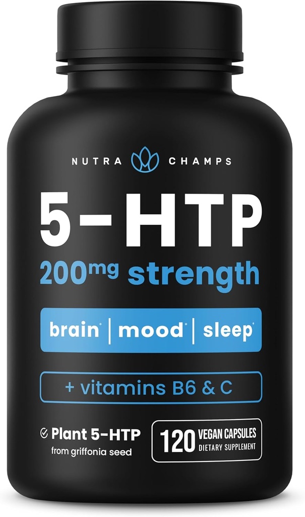 NutraChamps 5-HTP 200mg, 120 Vegan Capsule, Pure 5HTP 100mg Plus Co-Factors Vitamin B6 & Vitamina C