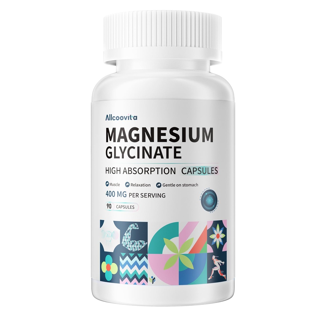 Magnesio Glycinate 400 MG per Serve 100% Chelato per Alta Assorbimento, Gentle On Stomach, Non OGM, 90 capsule vegetariane