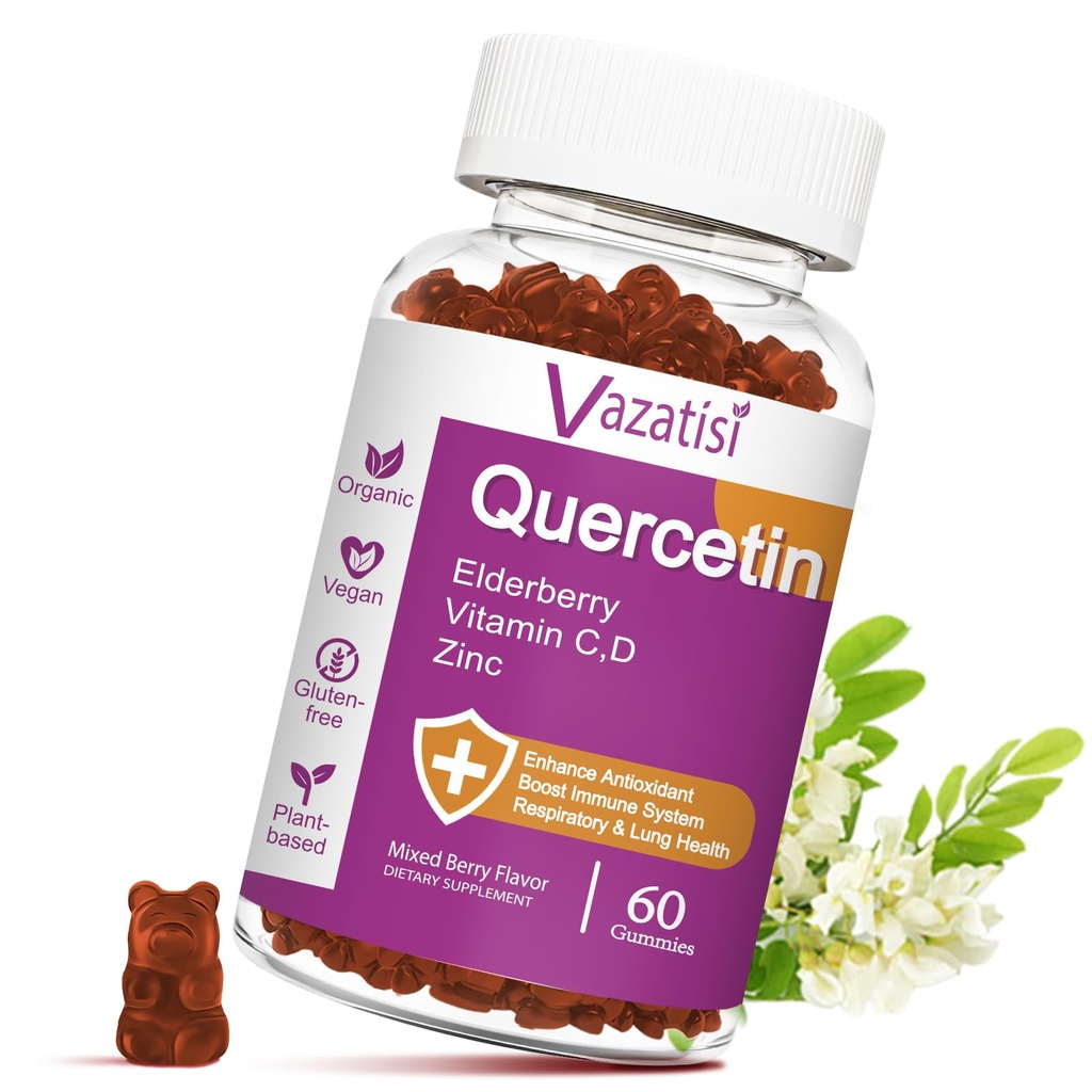 Quercetin Gummies, Quercetin con vitamina C Zinc, Bromelain, Elderberry e Vitamina D, Supporto Immune Adulti Bambini, Donne Uomini, 60 Gummies Chewable