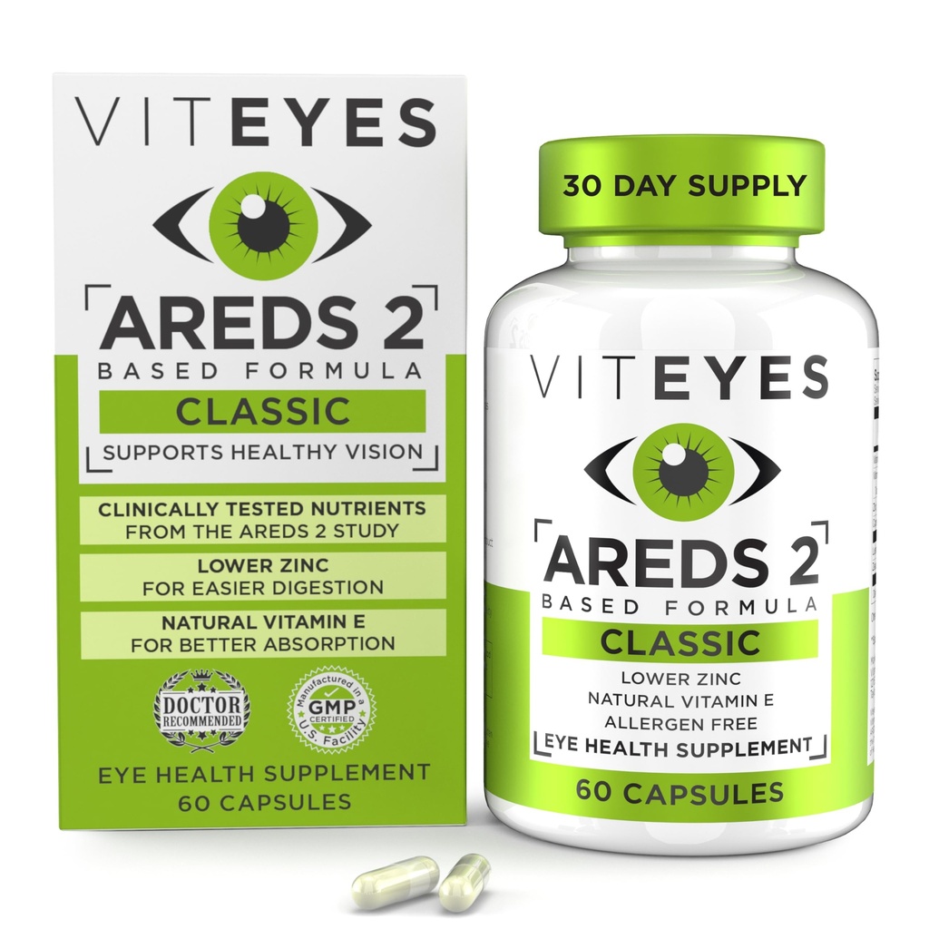 Viteyes AREDS 2 Vitamine Occhiali, Supporto Maculare Classico, Capsule Allergeni Libero, con Vitamina E Naturale, Vitamina C, Zinco, Rame, Lutein & Zeaxanthin, Eye Doctor Trusted, Prodotto negli Stati Uniti, 60 Ct