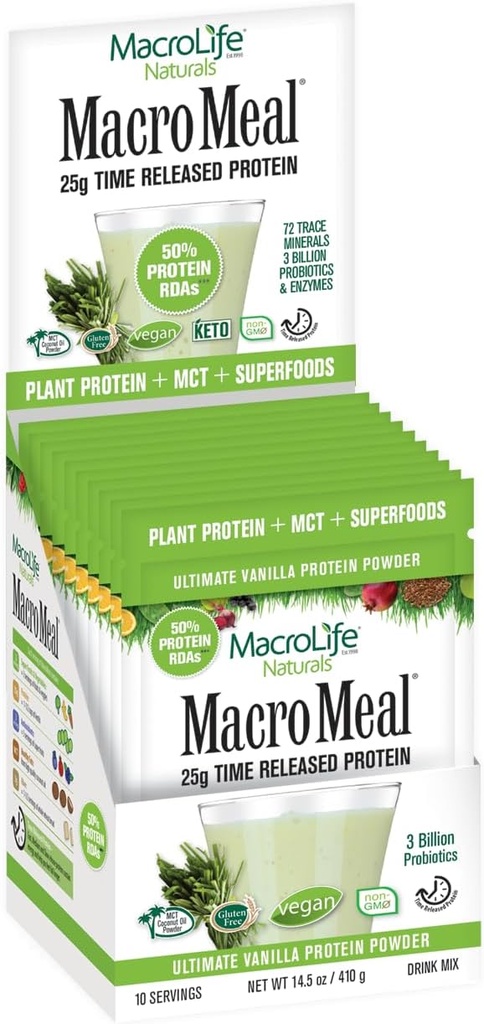MacroLife Naturals MacroMeal Vegan Vanilla Superfood Supplemento Polvere Proteine + Verdi, Probiotici, Enzimi Digestivi, Fibra - Energia, Detox, Immune - Non OGM, Gluten-Free- 10 Packet Servings