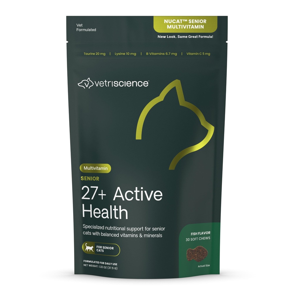 VetriScience Senior 27+ Active Health Chews, Nu Cat Daily Multivitamin per Gatti Senior, Vitamine Equilibrate, Minerali e Antiossidanti, Assistenza Salute e Benessere, Pesce, 30 Conte