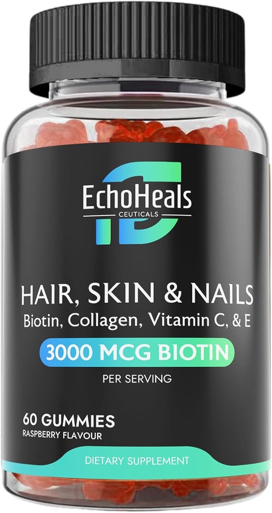 Hair, Skin & Nail Gummies | Biotin Collagen Vitamina C & E Supplemento | 3000mcg Biotin | Raspberry aromatizzato | 60 Gummies
