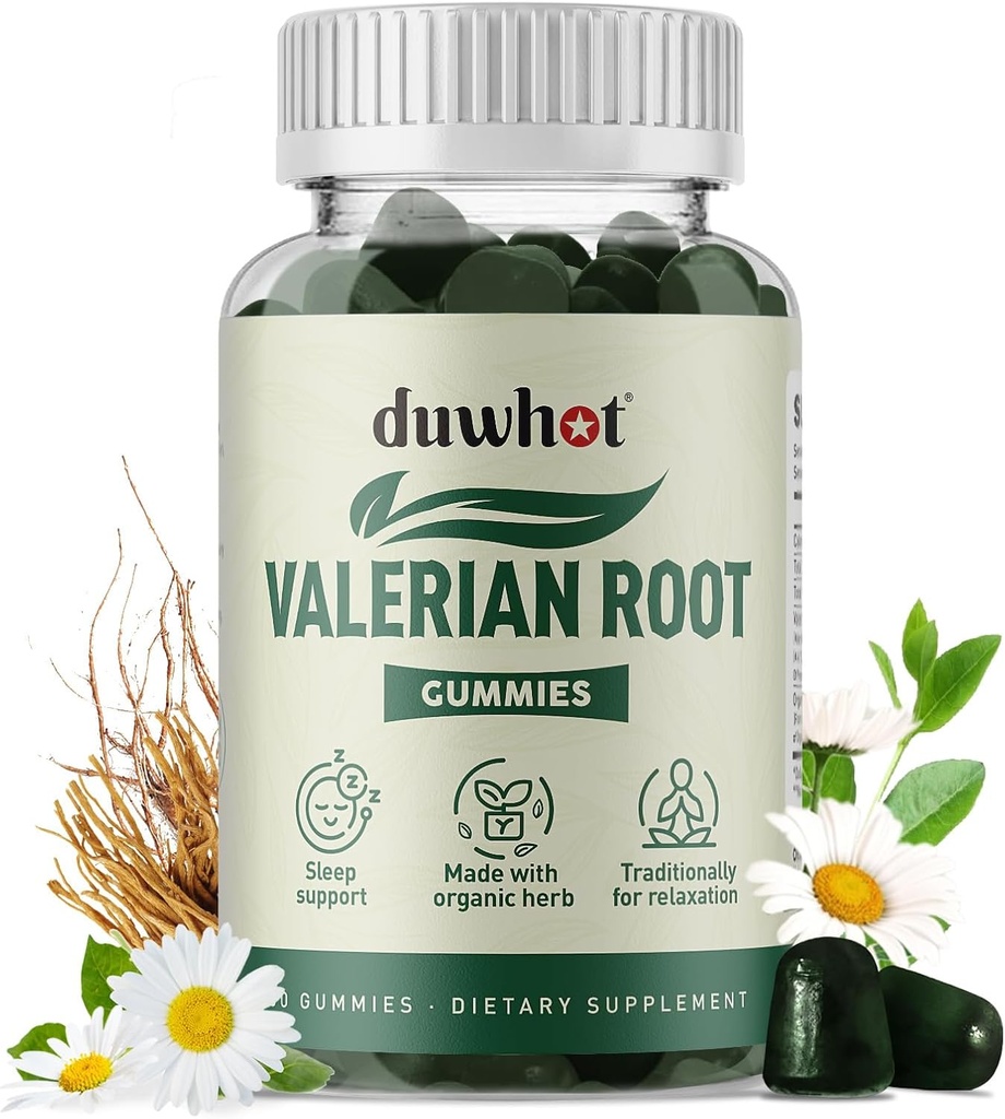 Gomma di radice di valeriana, radice di valeriana organica per sonno e sollievo da stress, potenziato con fiore di camomilla per adulti, Bambini benvenuti, Aroma di mela, 60 conteggi