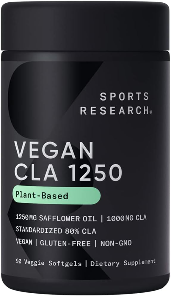 Ricerca sportiva Vegan CLA - 1250mg con acido linoleico coniugato attivo per gli uomini e le donne | Non OGM, Soy & Gluten Free - 80% (90 Softgels)