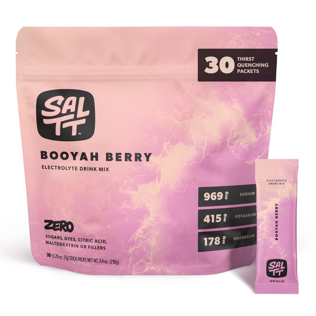 SALTT Electrolytes Powder Flavored Drink Mix - Booyah Berry - 30 pacchetti di idratazione - Magnesio, Potassio, Sodio, Minerali di Trace - Zero Sugar & Gluten Free - Essenziale di viaggio