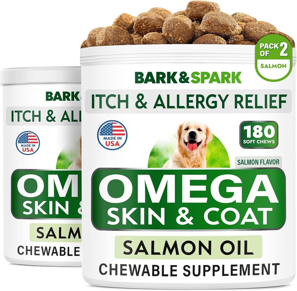 BARK&SPARK Omega 3 per cani - 360 Fish Oil Treats for Dog Shedding, Skin Allergy, Itch Relief, Hot Spots Trattamento - Joint Health - Skin and Coat Supplement - EPA & DHA Fatty Acids - Salmon Oil